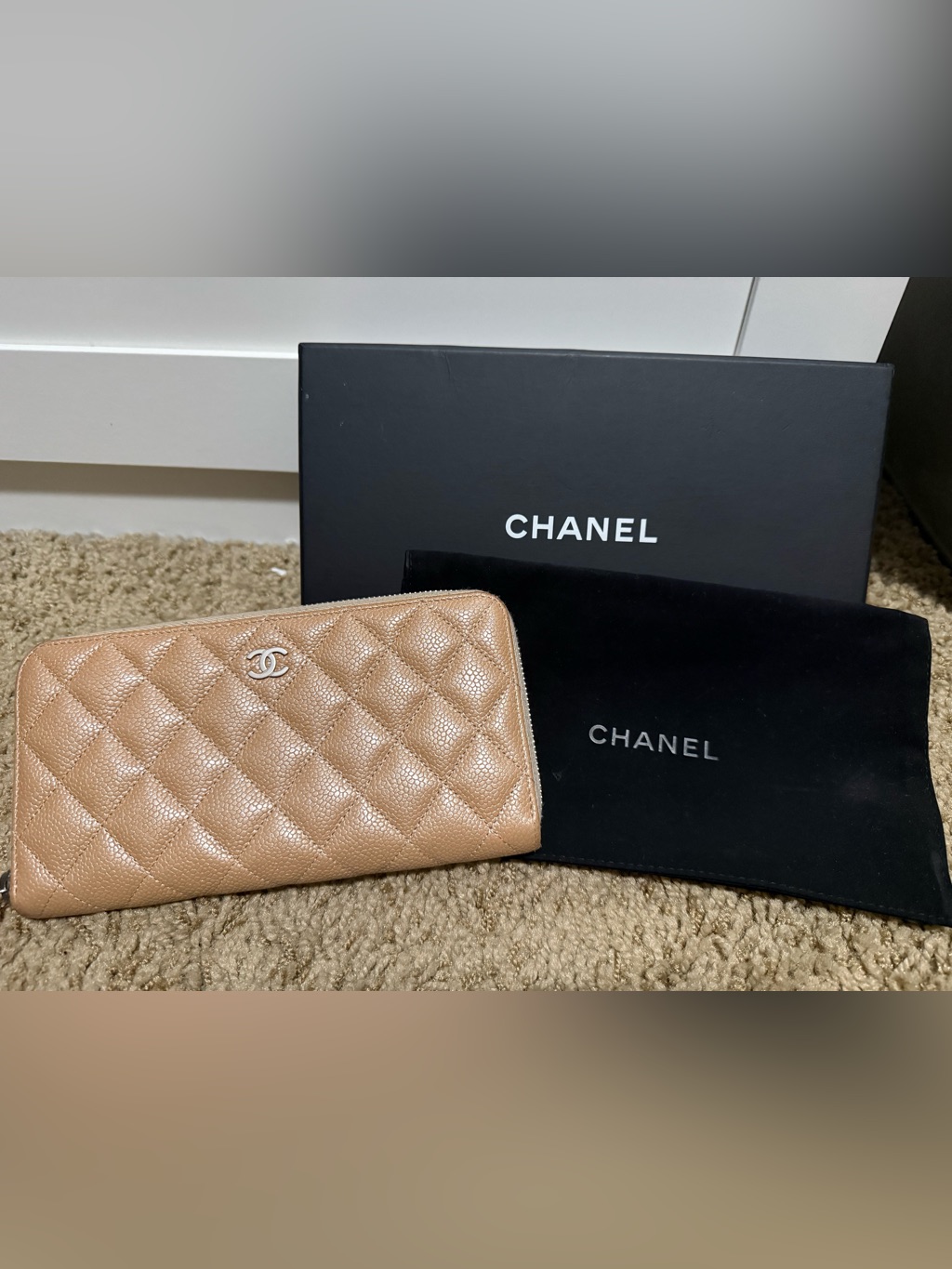 Chanel Quilted Zip Wallet In Beige Pink Caviar Leather